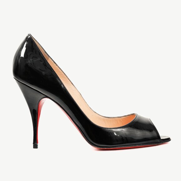 Christian Louboutin Yoyo 100 Black Patent Calf Leather Peep-Toe Pumps - Picture 1 of 9